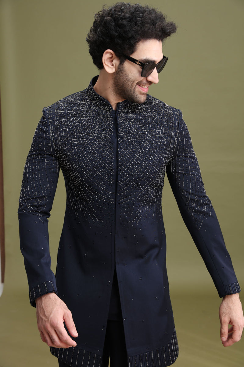 Navy Blue Rayon Indo-Western Set for Men with Hand Embroidery | Kora - KORANM