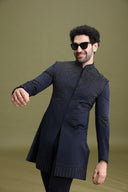 Navy Blue Rayon Indo-Western Set for Men with Hand Embroidery | Kora