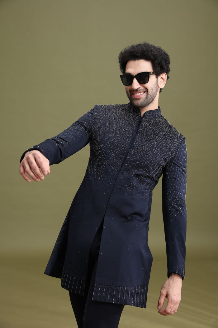 Navy Blue Rayon Indo-Western Set for Men with Hand Embroidery | Kora - KORANM