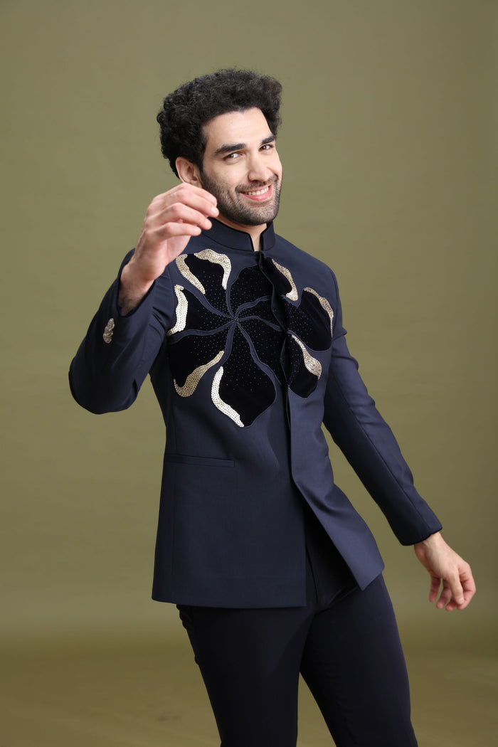 Navy Blue Rayon Velvet Bandgala Jodhpuri Set for Men with Hand Embroidery | Kora - KORANM