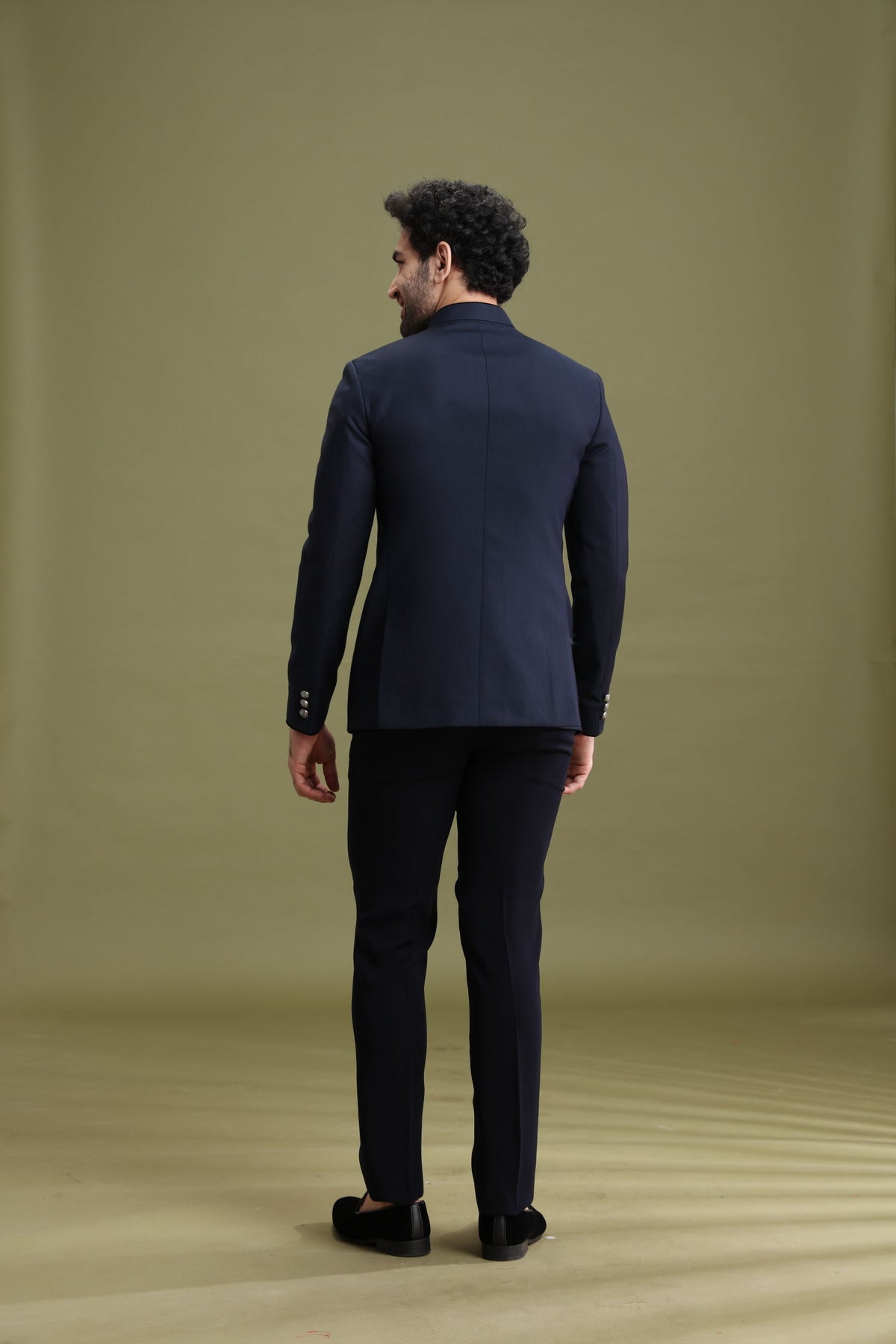 Navy Blue Rayon Velvet Bandgala Jodhpuri Set for Men with Hand Embroidery | Kora - KORANM