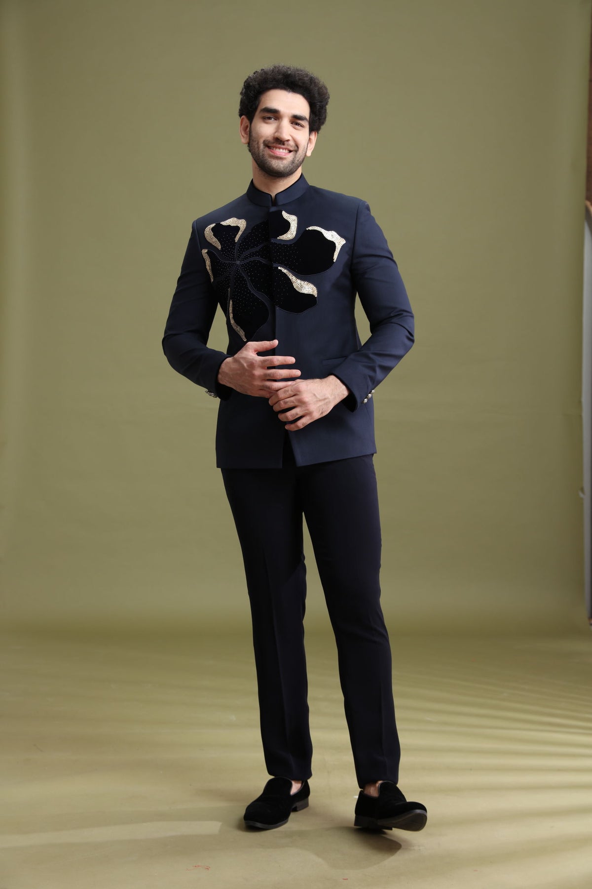 Navy Blue Rayon Velvet Bandgala Jodhpuri Set for Men with Hand Embroidery | Kora - KORANM