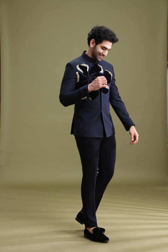 Navy Blue Rayon Velvet Bandgala Jodhpuri Set for Men with Hand Embroidery | Kora - KORANM