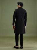 Back view of black bomario silk indo-western set for men