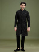 Side view of black bomario silk indo-western top for men with Chinese collar