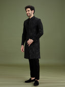 Side view of black bomario silk indo-western top for men with Chinese collar