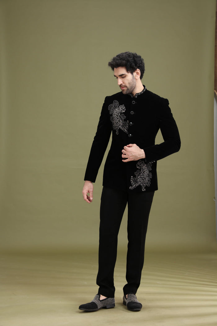Side view of black bomario silk jodhpuri for men with bandhgala collar