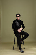 Black Bomario Silk Jodhpuri Set for Men with Metal Embellishment