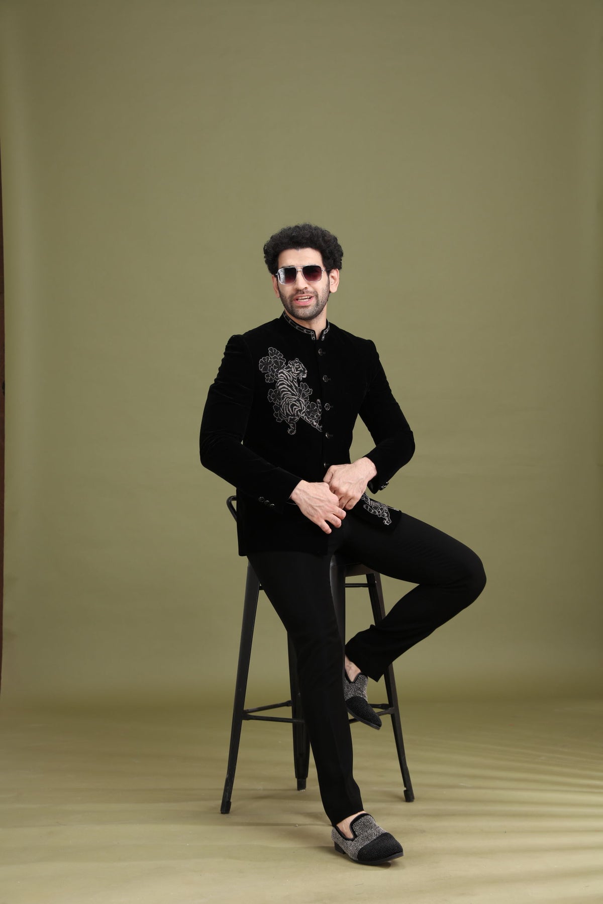 Black Bomario Silk Jodhpuri Set for Men with Metal Embellishment - KORANM