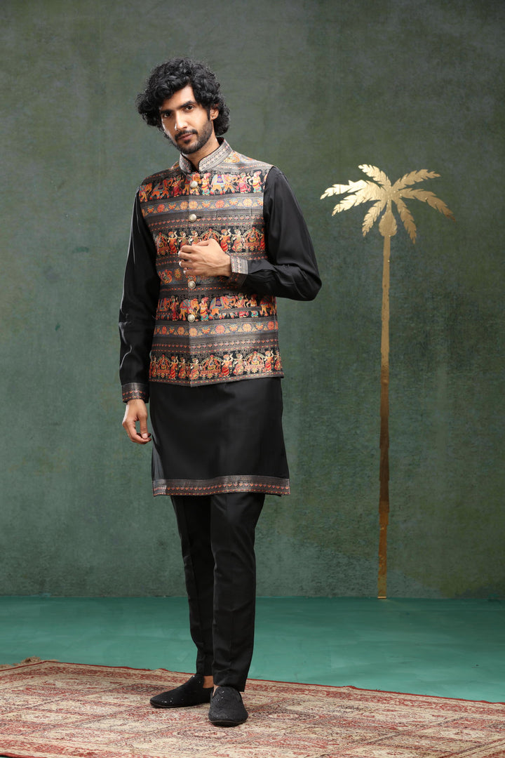 Black Printed Bandi Set for Father and Son