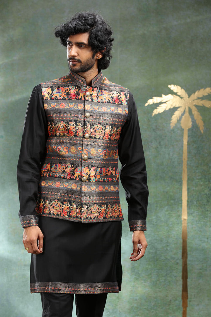 Black Printed Bandi Set for Father and Son