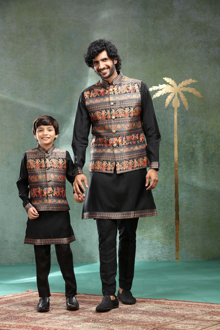 Black Printed Bandi Set for Father and Son