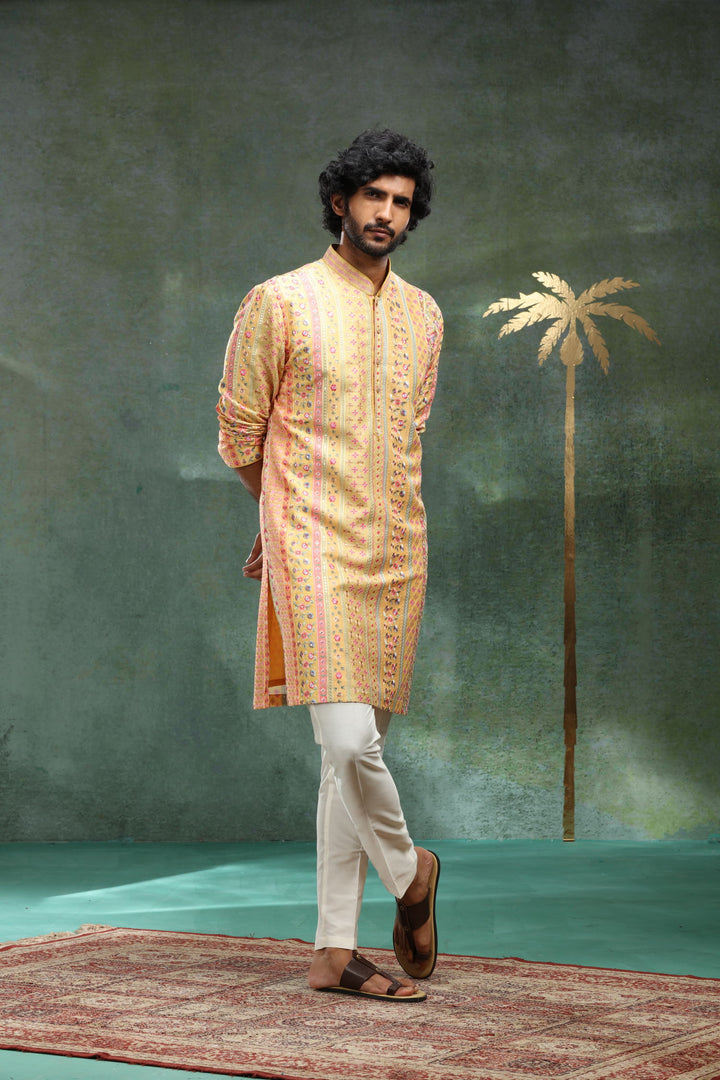 Yellow Embroidered Kurta Set for Father and Son