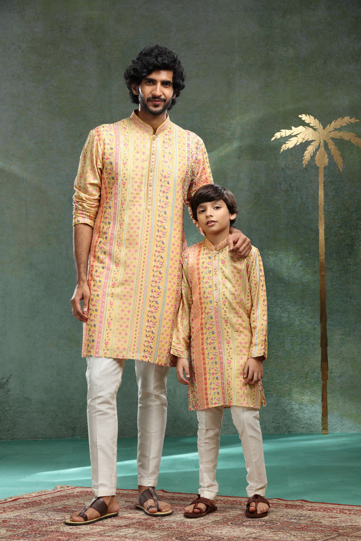 Yellow Embroidered Kurta Set for Father and Son