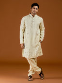 Pista satin linen blend kurta set featuring delicate thread embroidery and a coordinated pista bottom.