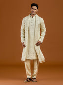 Pista satin linen blend kurta set featuring delicate thread embroidery and a coordinated pista bottom.