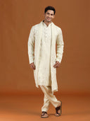 Pista satin linen blend kurta set featuring delicate thread embroidery and a coordinated pista bottom.