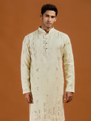 Pista satin linen blend kurta set featuring delicate thread embroidery and a coordinated pista bottom.