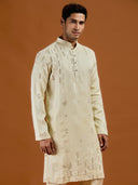 Pista satin linen blend kurta set featuring delicate thread embroidery and a coordinated pista bottom.
