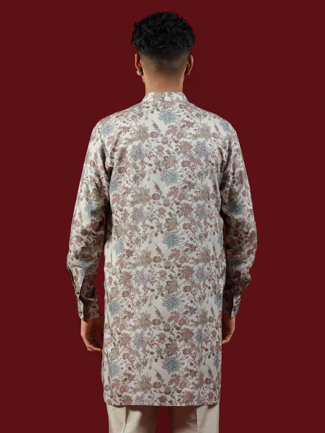 Classic Beige Floral Print Blended Silk Short Kurta Set
