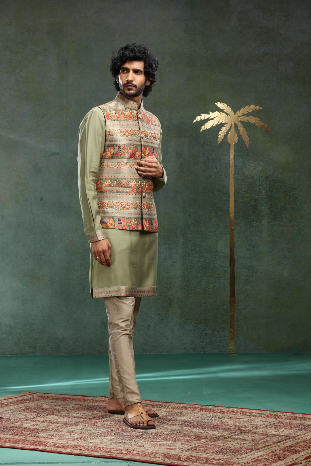 Olive Printed Bandi Set for Father and Son