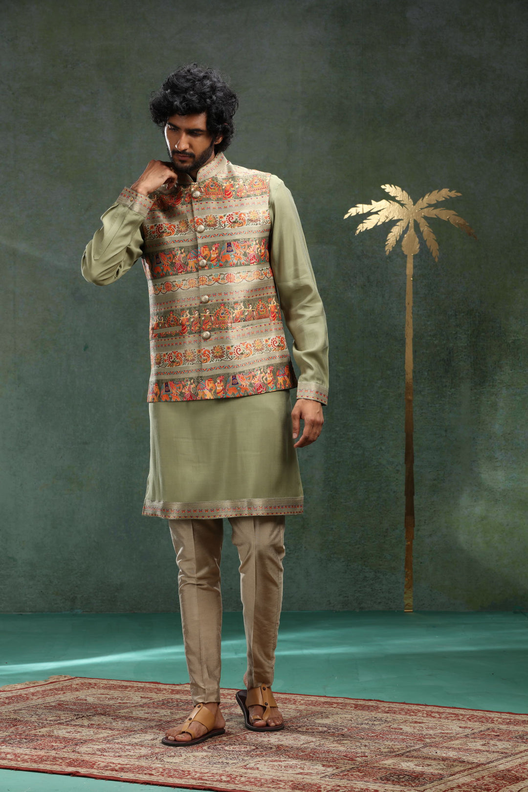 Olive Printed Bandi Set for Father and Son