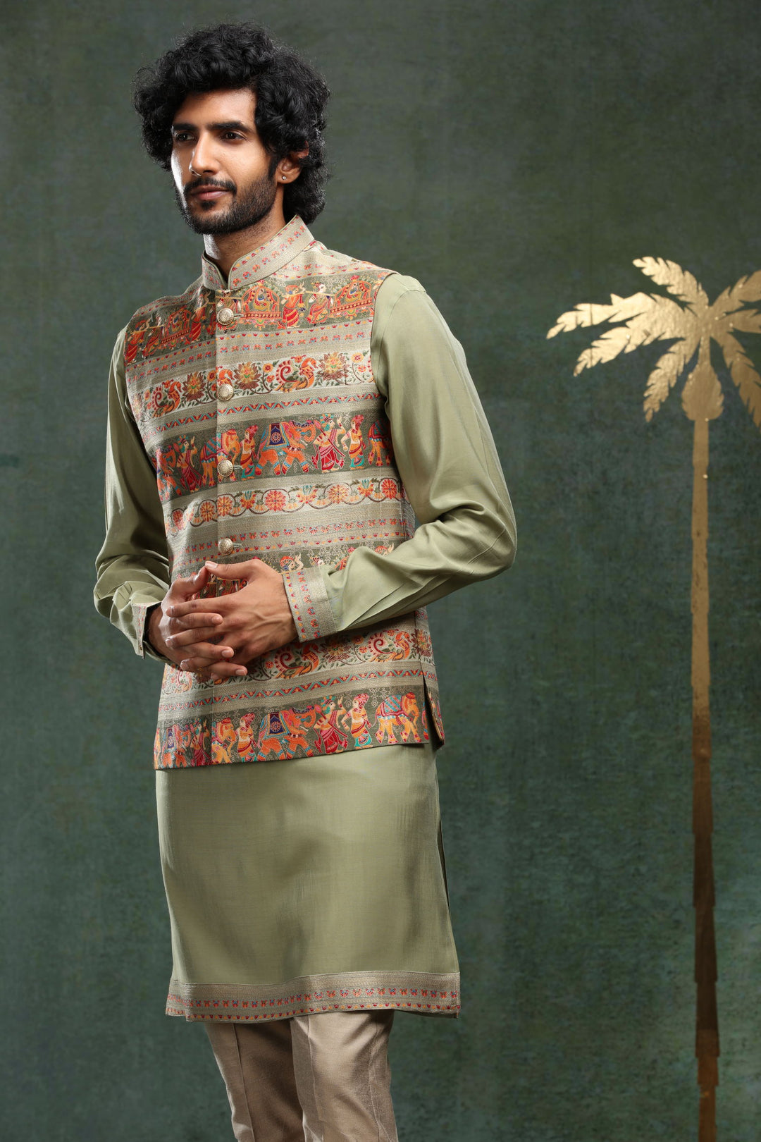 Olive Printed Bandi Set for Father and Son