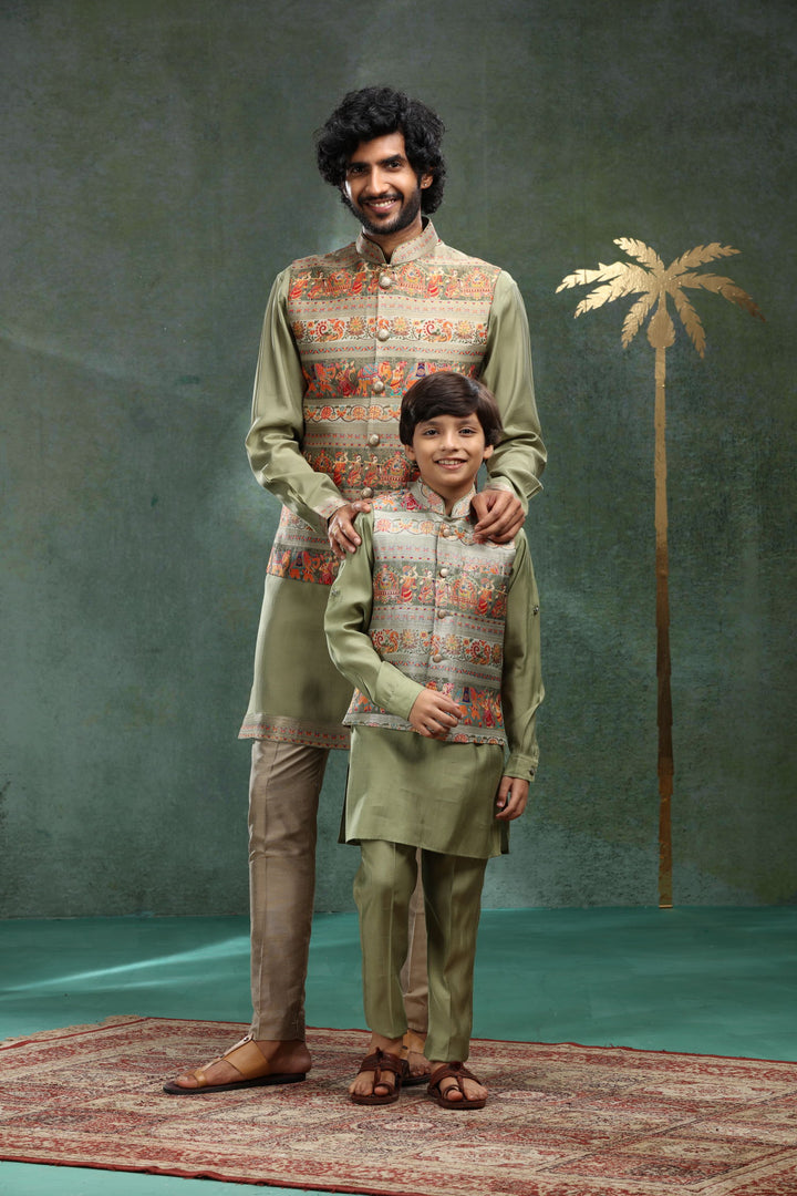 Olive Printed Bandi Set for Father and Son