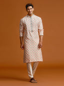 Peach silk-jacquard kurta set with all-over geometric diamond print, paired with a cream bottom. - KORANM