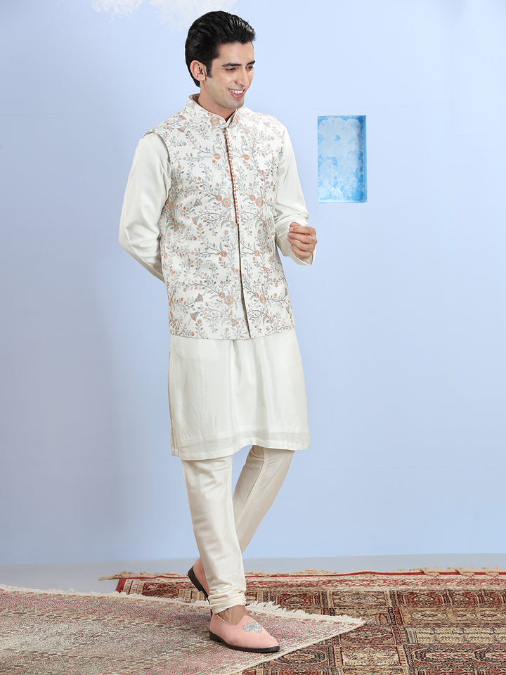 Pearl White Kurta Set With Embroidered Bandi Jacket