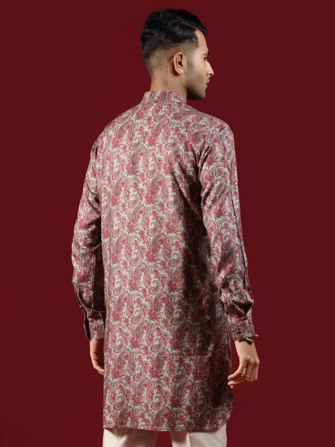 Cherry Pink Ethnic Printed Blended Silk Short Kurta Set
