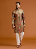 Olive Jamawar kurta, paired with a white bottom.
