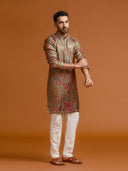Olive Jamawar kurta, paired with a white bottom.