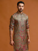 Olive Jamawar kurta, paired with a white bottom.