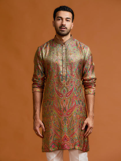 Olive Jamawar kurta, paired with a white bottom.