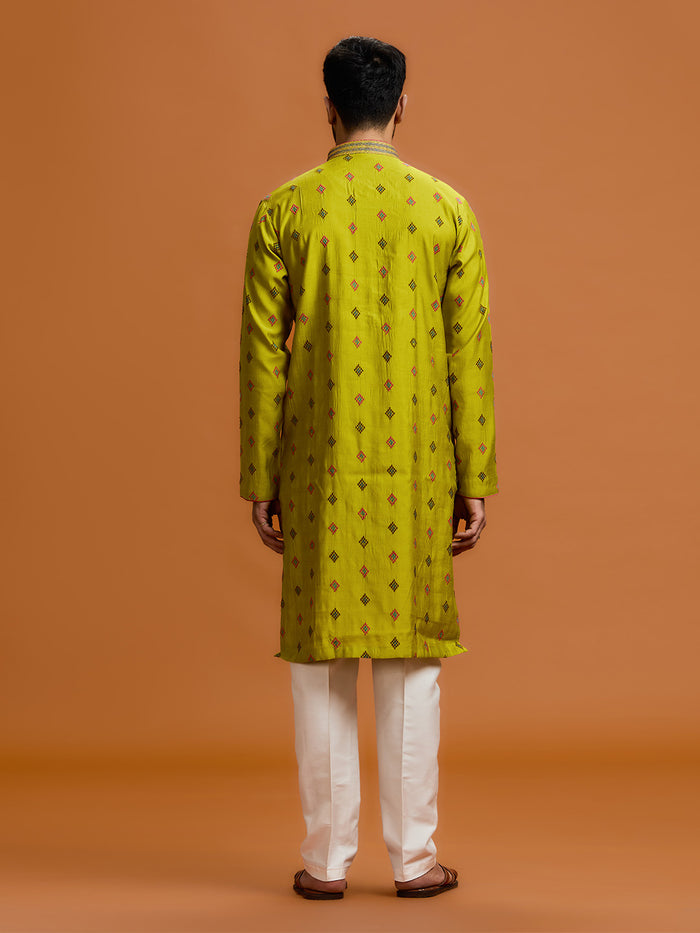 Verdant diamond embroidered silk kurta, paired with a white bottom - KORANM