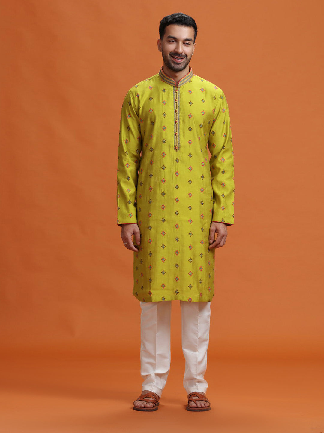 Verdant diamond embroidered silk kurta, paired with a white bottom - KORANM