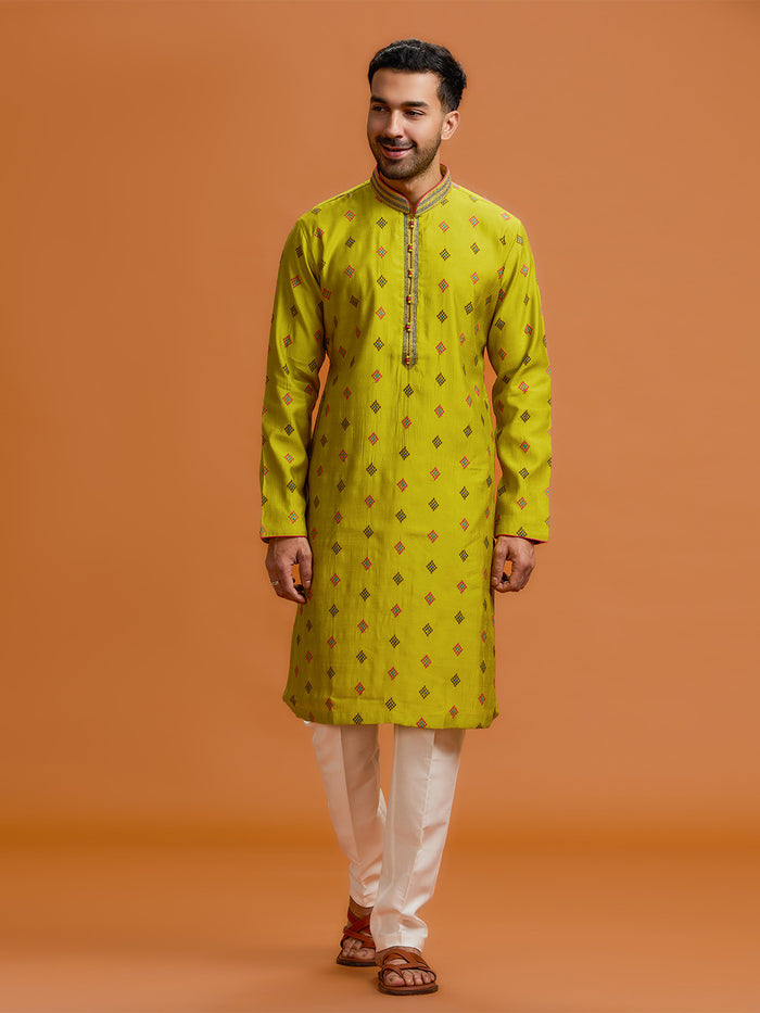 Verdant diamond embroidered silk kurta, paired with a white bottom - KORANM