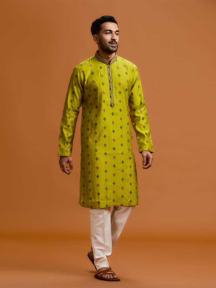 Verdant diamond embroidered silk kurta, paired with a white bottom - KORANM