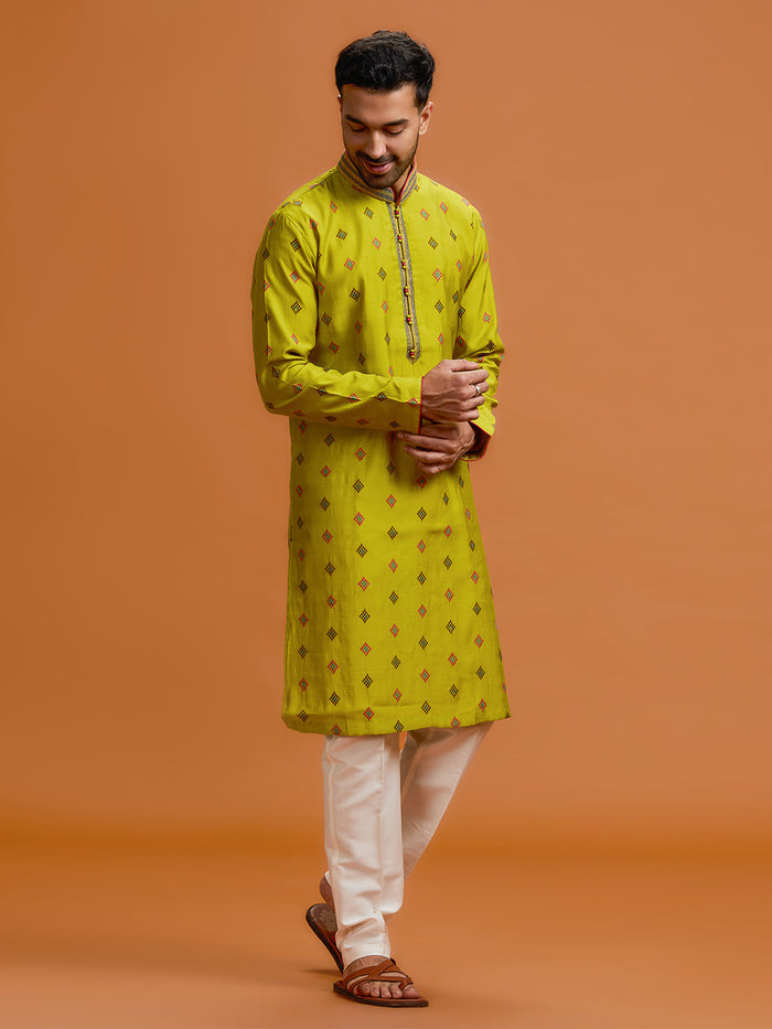 Verdant diamond embroidered silk kurta, paired with a white bottom - KORANM