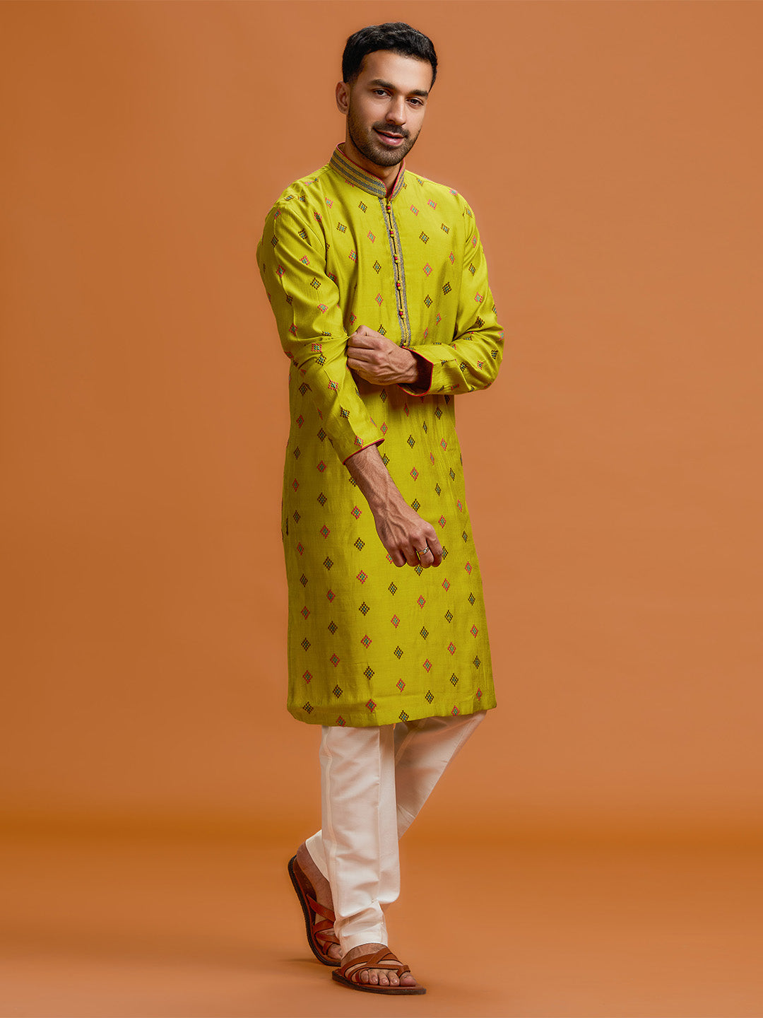 Verdant diamond embroidered silk kurta, paired with a white bottom - KORANM