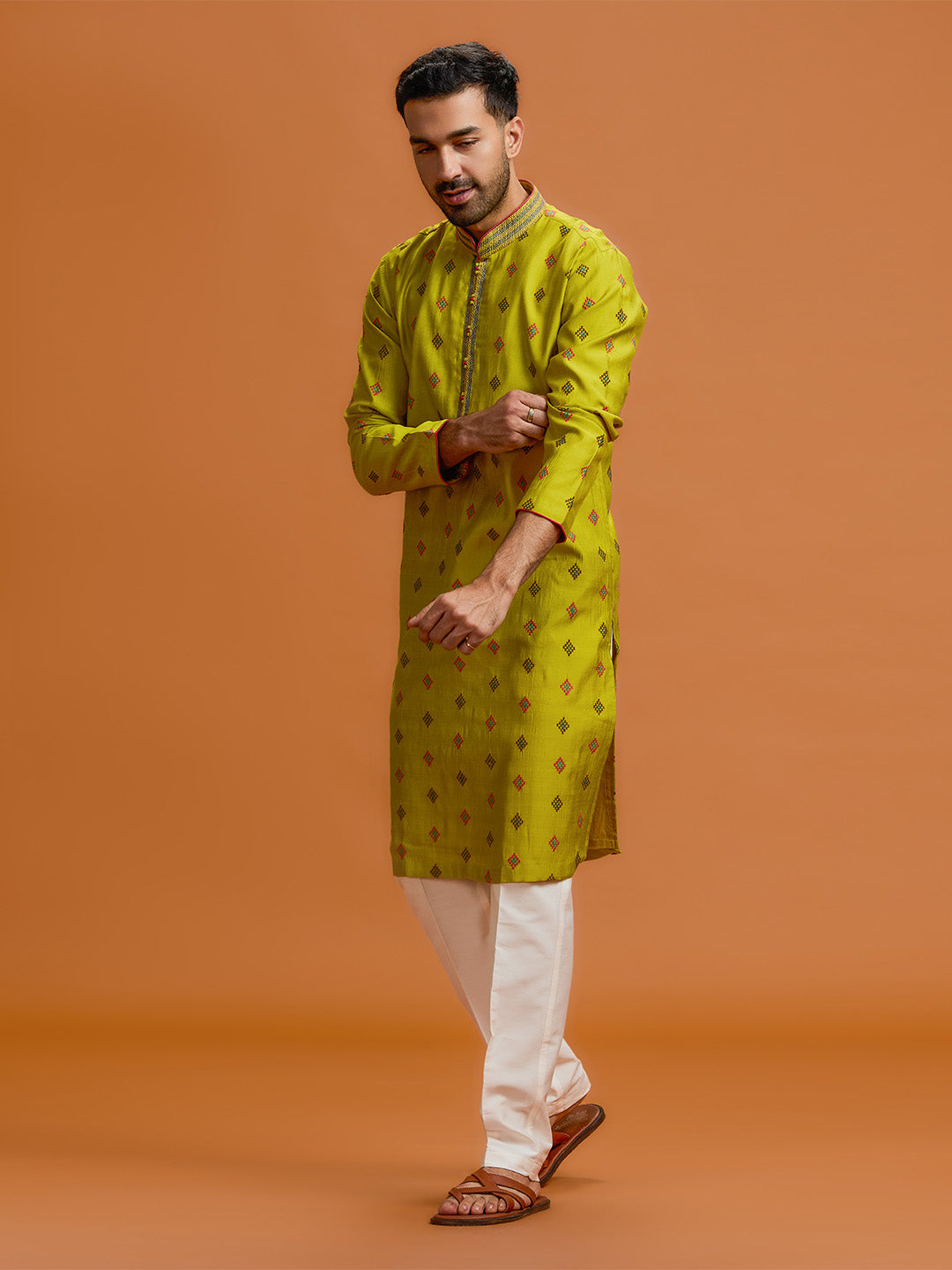 Verdant diamond embroidered silk kurta, paired with a white bottom - KORANM