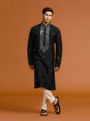 Elegant Black Silk Kurta Featuring Mirror-Work Embroidery Paired with White Bottoms. - KORANM