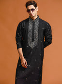 Elegant Black Silk Kurta Featuring Mirror-Work Embroidery Paired with White Bottoms. - KORANM