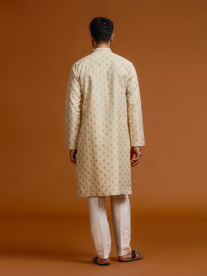 Fawn jacquard silk kurta with geometric print, paired with cream Aligarhi pants. - KORANM