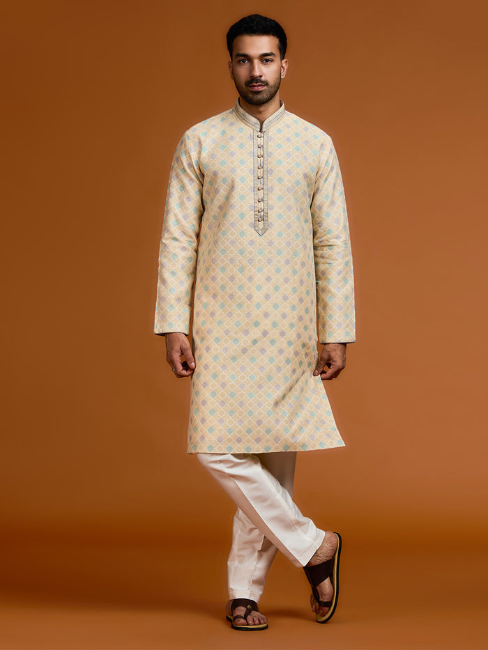 Fawn jacquard silk kurta with geometric print, paired with cream Aligarhi pants. - KORANM