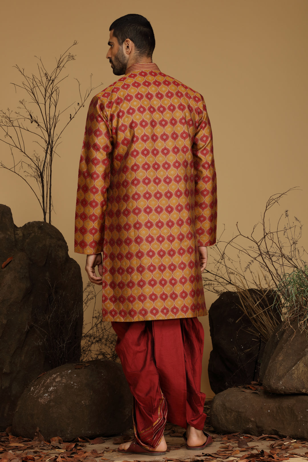 Maroon and Yellow Silk Kurta Dhoti Set