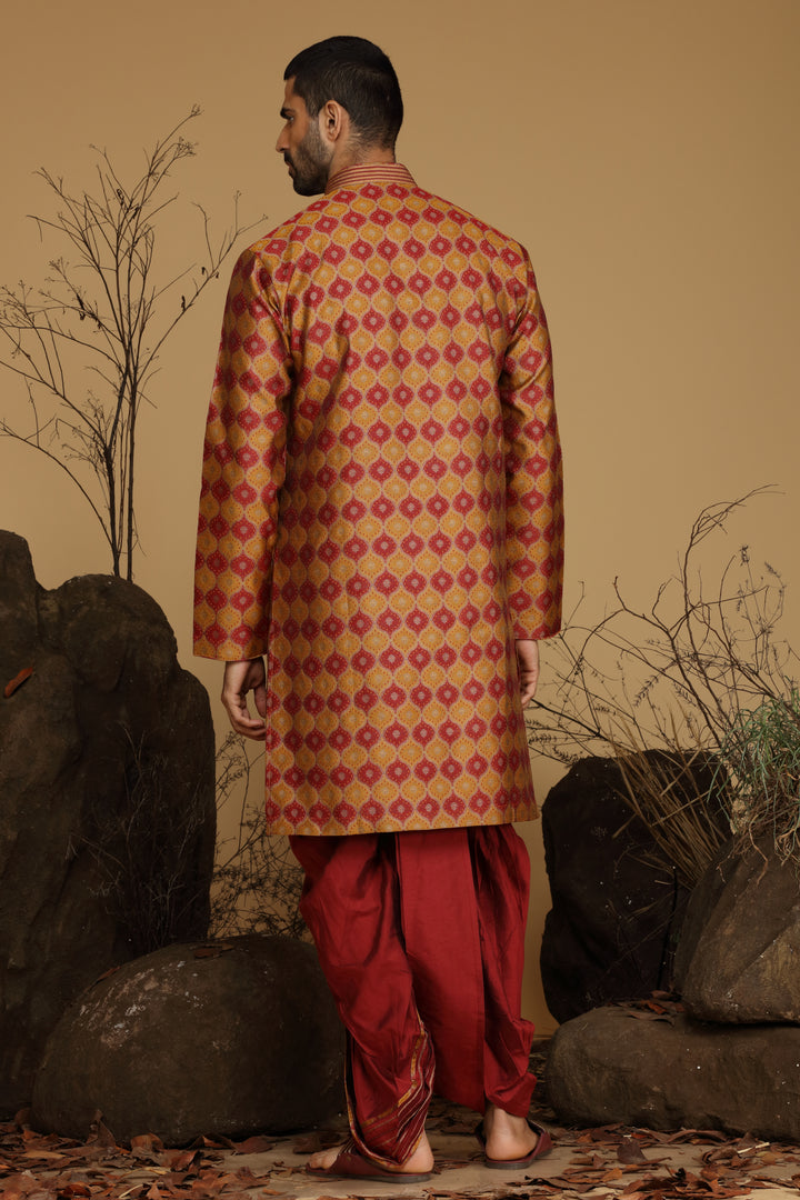 Maroon and Yellow Silk Kurta Dhoti Set