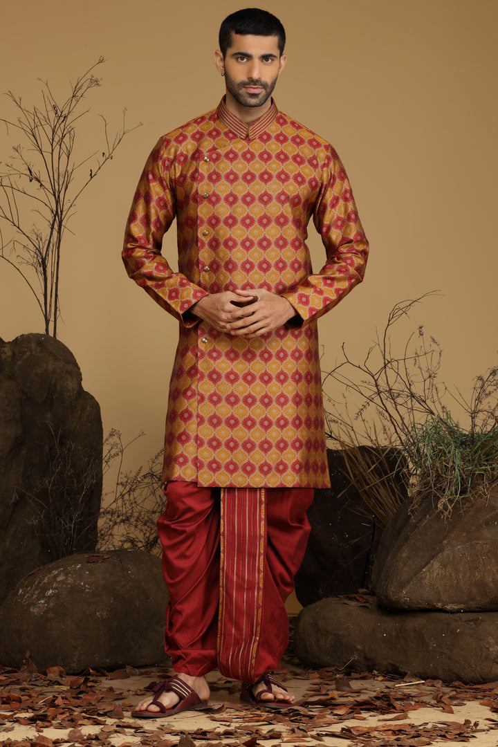 Maroon and Yellow Silk Kurta Dhoti Set