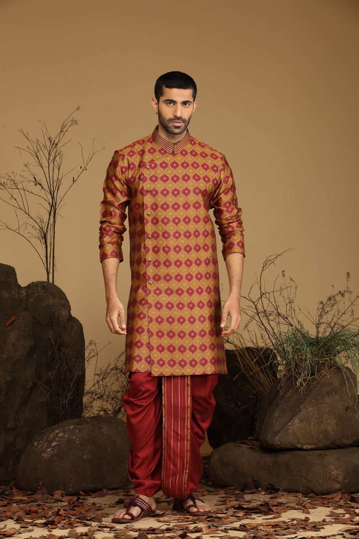 Maroon and Yellow Silk Kurta Dhoti Set